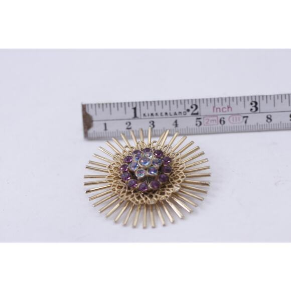 Golden Sunburst with Blue and Purple Rhinestones Brooch, Eye-Catching, Jewelry - Picture 2 of 2
